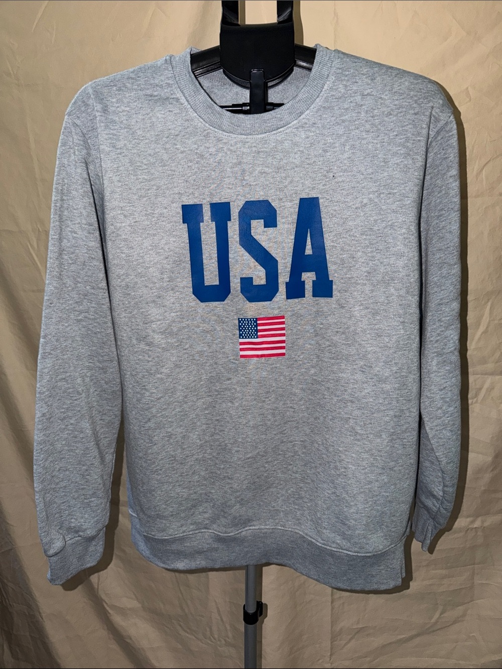 Gray USA Graphic Crew Sweatshirt with Flag Detail